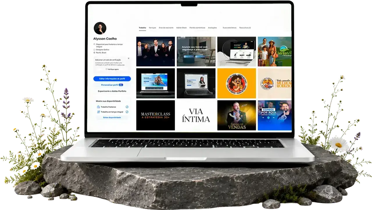 Notebook exibindo o perfil de portfólio com projetos entregues: branding, sites e campanhas